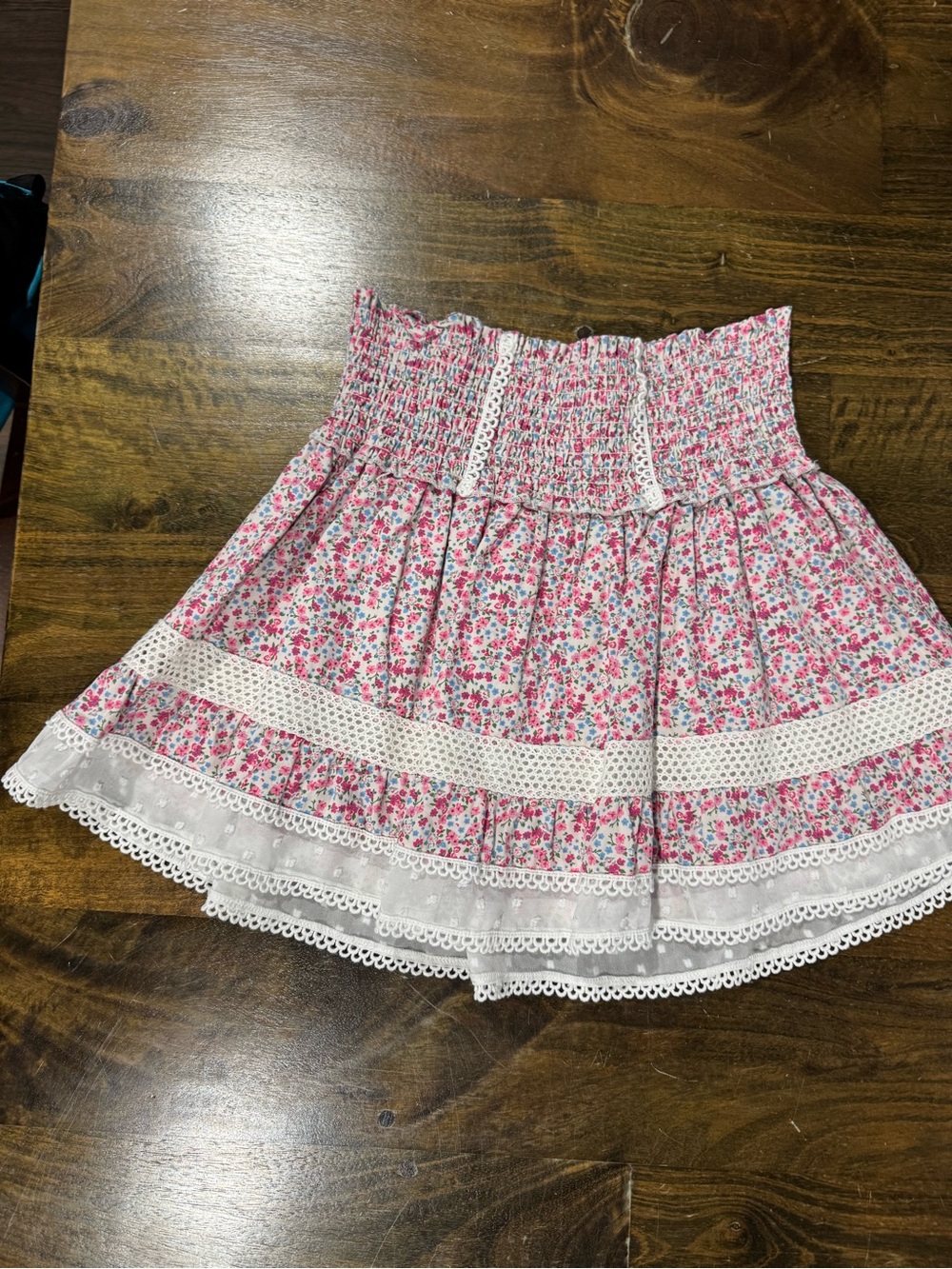 Katie J NYC Tween Pink Floral Smocked Mini Skirt with White Lace